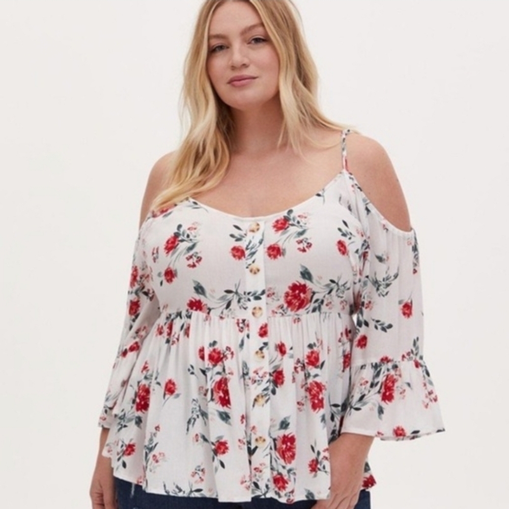 Torrid White Floral Cold Shoulder Blouse Size 0 (XL)